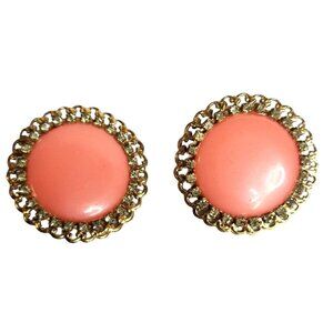 Vintage Gold-Tone Clip-On Earrings Coral Pink Cabochon Rhinestone Accent Oval De